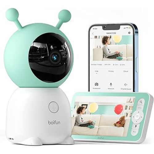 BOIFUN Video Baby Monitor WiFi, 5 Inch 3MP Display & 360° Camera with Night Light, Phone App Control & LCD Monitor, Auto Tracking, AI Motion & Sound Detection, 3000mAh Battery, 2-Way Audio