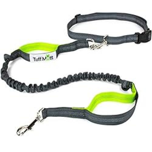 Hands Free Dog Leash For Running That Makes A Great Waist Leash for Dog Walking, Double Handle Bungee Leash with Reflective Stitching and Adjustable Dog Walking Belt - green/gray