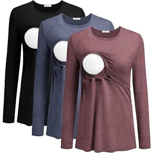 Ekouaer Women Long Sleeve Nursing Shirts 3 Pack Breastfeeding Round Neck Top Double Layer Maternity Tshirt Pregnancy Clothes