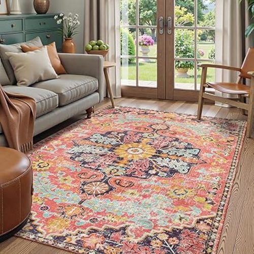 Lahome 5x7 Boho Living Room Rug Colorful Bedroom Rug, Large Bohemian Nursery Rug, Hot Pink Non-Slip Machine Washable Soft Playroom Mat Indoor Floor Accent Carpet for Dining Table Mud Room