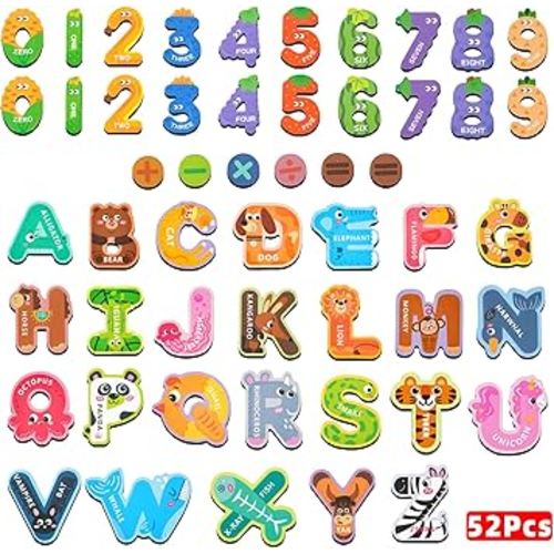 52 Pack Magnetic Letters Numbers Fridge Magnets for Toddlers 1 to 3 Learning Toys, Animal ABC Cardboard Magnets for Refrigerator Colourful Alphabet Toys Baby Educational Toys