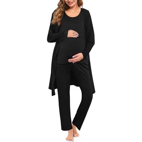SWOMOG Maternity Nursing Robe Set 3 PCS Women Postpartum Pajamas Breastfeeding Labor Delivery Hospital Pregnancy Pjs