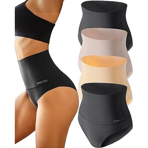 FINETOO Tummy Control Underwear for Women High Waisted Nylon Brief No Show Womens Bikini Seamless Panties 4pack S-XXXL
