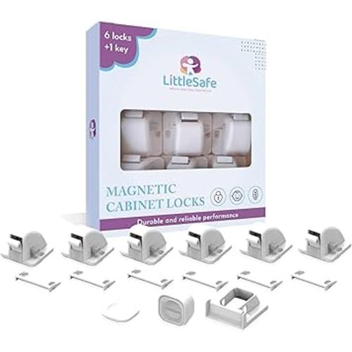 Magnetic Cabinet Locks Baby Proofing - (6 Locks + 1 Key) LittleSafe Child Safety Latches for Cupboards and Drawers - Easy Adhesive Installation with Optional Screws