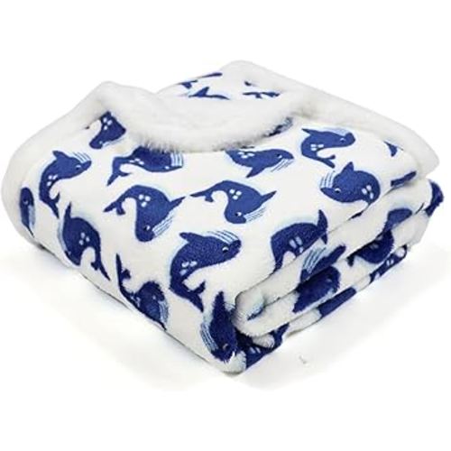 Whale Baby Blankets for Boys - 30x40 Inches,Cute Ocean Baby Plush Blanket with Rabbit Faux Fur Binding and Back, Unisex for Infant, Toddler, Newborn Crib, Cot and Stroller