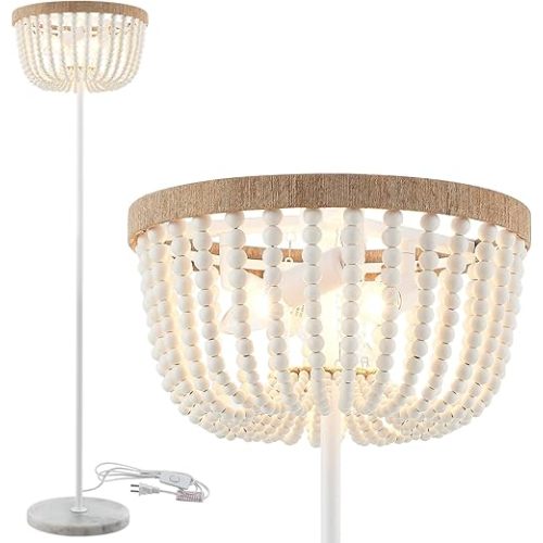 VILUXY Boho Floor Lamp with White Wood Beaded Shade for Bedroom, Living Room, Girl Room 3-Light