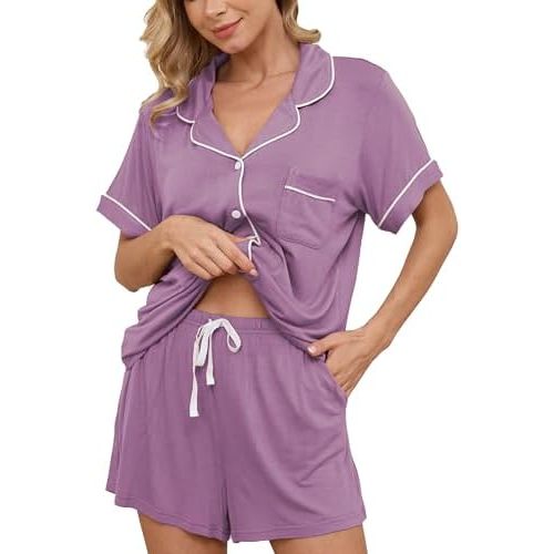 Womens Pajama Sets Short Sleeve Sleepwear Soft Button Down Nightwear Lounge Pj Set XS-XXL