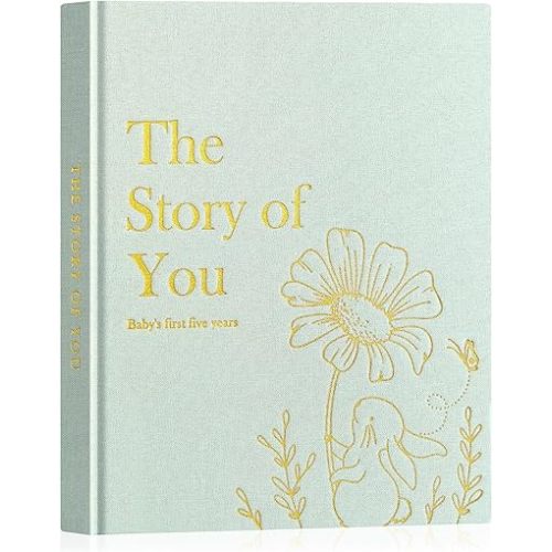 Lanpn Baby Memory Book for Boy Girl - The Story of You, Newborn Babys Book Keepsake Photo Album for New Parents, Linen Cover Baby First 5 Year Milestone Journal Scrapbook (Sage Green, 154 Pages)