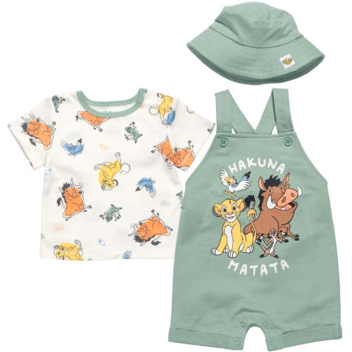 Disney Lion King Simba Timon Pumbaa Newborn Baby Boys French Terry Short Overalls T-Shirt and Hat 3 Piece Outfit Set Newborn to Infant
