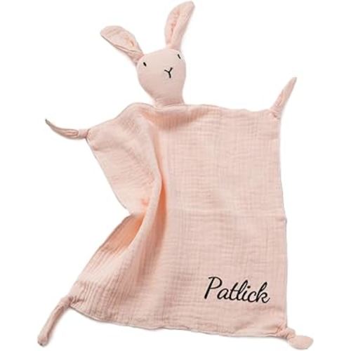Personalized Baby Security Blanket with Name, Custom Embroidered Muslin Bunny Comforter, Organic Cotton Lovey Blanket Baby Gifts for Boys Girls