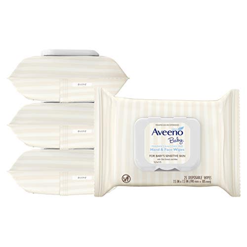 Aveeno Baby Hand & Face Cleansing & Moisturizing Wipes with Oat Extract and Aloe, Fragrance-Free Wipes for Sensitive Skin, Free of Sulfates, Alcohol, Parabens, and Dyes, 25 ct (Pack of 4) - Unscented - 25 Count (Pack of 4)