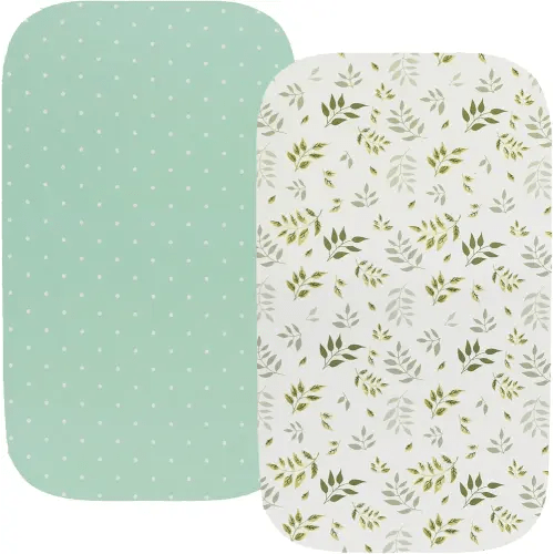Waterproof Bassinet Sheets, No Need for Bassinet Mattress Pad Cover, 2 Pack Stretch Jersey Knit Super Soft fit for Cradle Oval Rectangle Hourglass Mattress Green Botanical Leaf & Dots