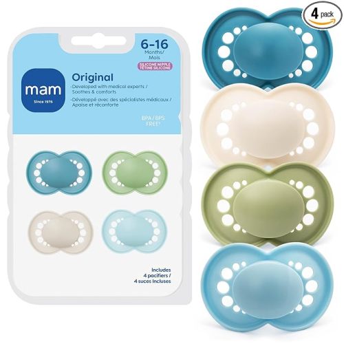 MAM Original Matte Baby Pacifiers 6-16 Months, Binky for Newborn Babies, BPA-Free Skin Soft Silicone Nipple, Easy to Clean, Developed with Medical Experts, 4 Count, Made in Europe