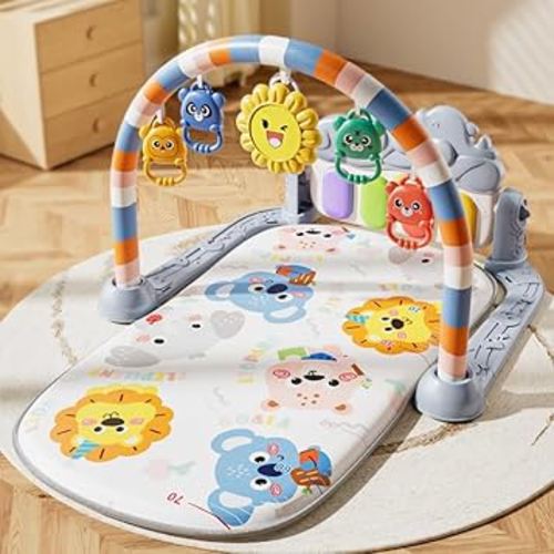 Alfombrillas de juego para gimnasios para bebés, tapete de gimnasio con piano, tapete de actividad para el tiempo boca abajo con 5 sensores de aprendizaje infantil, música y luces para recién nacidos y niños pequeños (gris)