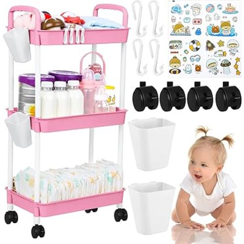 Ripeng 3 Tier Diaper Caddy Movable Baby Diaper Cart Storage Cart Newborn Essentials Caddy Organizer Mobile Shelving Unit for Baby Nursery Changing Table(Pink)