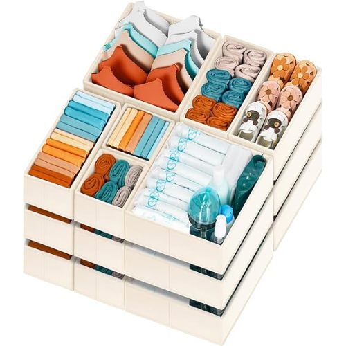 Criusia Drawer Organizer Clothes, 20 Pack Dresser Organizer Bins for Nursery Bedroom, Closet Organization and Storage Dividers for Clothing, Baby Clothes, Underwears, Socks (Beige)