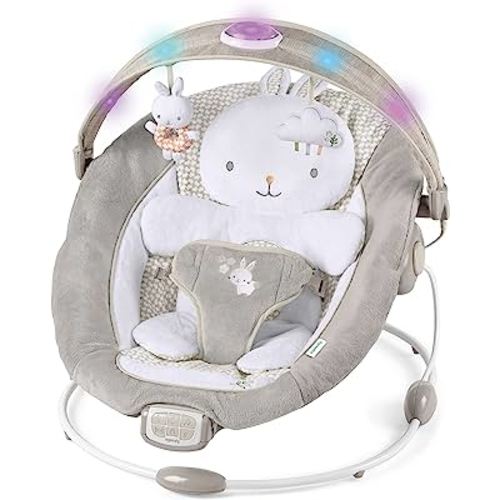 Ingenuity InLighten Baby Bouncer Infant Seat with Light Up -Toy Bar, Vibrations, Tummy Time Pillow & Sounds, 0-6 Months Up to 20 lbs (Twinkle Tails Bunny)