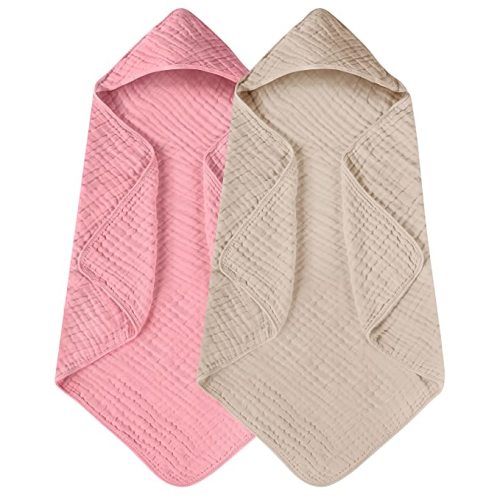Yoofoss Hooded Baby Towels for Newborn 2 Pack 100% Muslin Cotton Baby Bath Towel with Hood for Babies, Infant, Toddler and Kids, Large 32x32Inch, Soft and Absorbent Newborn Essential - Beige & Bean Paste