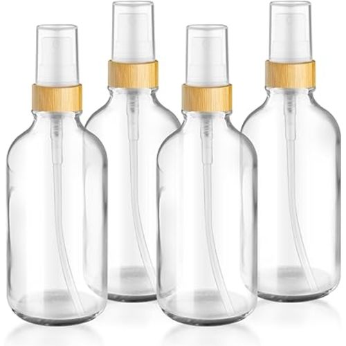 4-Pack 4 Oz Glass Spray Bottle with Bamboo Lid,Empty Refillable Fine Mist Atomizer,Leak-Proof Travel Liquid Holder Container for Cologne,Essential Oils,Room Sprays,Cleaning Solutions (Clear)