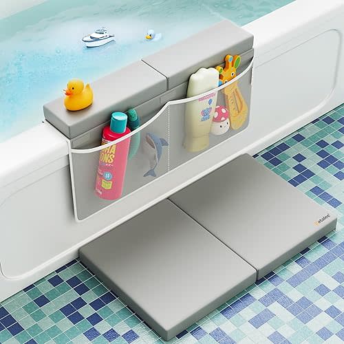 Premium Bath Kneeler, Baby Bath Kneeler and Elbow Rest Pad Set, Kneeling Pad for Bathing Baby, Knee Pads for Bathing Babies, Large Knee Pads (22 Inch × 13 Inch) with 4 Mesh Pockets (Large, Gray)