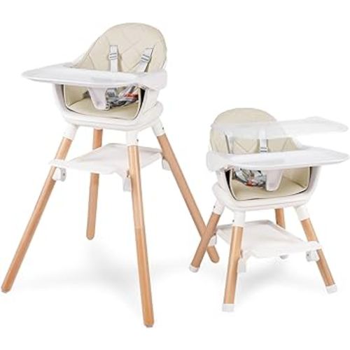 Baby High Chair, 6 in 1 Convertible Wooden High Chairs for Babies and Toddlers, Baby HighChair with Dishwasher Safe Double Removable Tray, Adjustable Footrest & Machine Washable Cushion