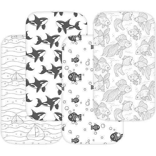 Bassinet Sheets for Ronbei, Baby Joy, Baby Delight Beside Me Dreamer, and Nordmiex Bassinet, 4 Pack, 33x20 Inch, Ultra Soft, Breathable Snug Fit, Unisex Boys Girls, Gray White (Ocean Fish Theme)