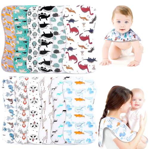 Benoxine Baby Burp Cloths & Baby Bibs 2-in-1 Design Large Size 3 Layers Thicken Cotton Super Absorbent and Soft Baby Spit Up Burping Rags Baby Burp Cloth Set for Boys and Girls Solid 12 Pack