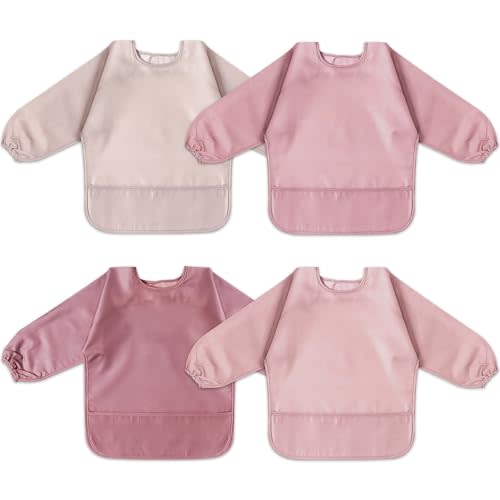 POIKSHARK 4 Pack Long Sleeve Bib, Waterproof Sleeved Smock for Baby Boy or Girl, Reusable Bib with Pocket, Ages 6-24 Months