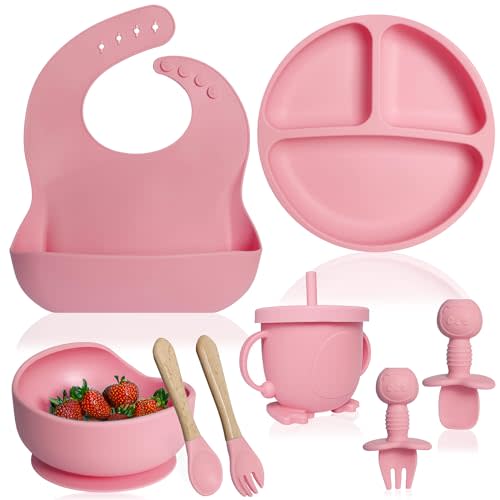 Bluet B- Silicone Baby Feeding Set - Baby Led Weaning Supplies - Baby Spoons, Suction Bowl - Plate - Baby Utensils Set - Silicone Feeding Set for Baby First Foods, Infant Eating - 8pcs - Pink