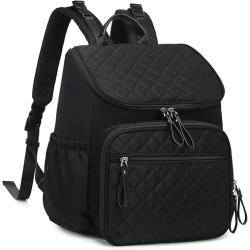 Large Capacity Diaper Bag with Stroller Buckle, Water-Resistant Travel Backpack with Insulated Pockets (Nylon, Black)