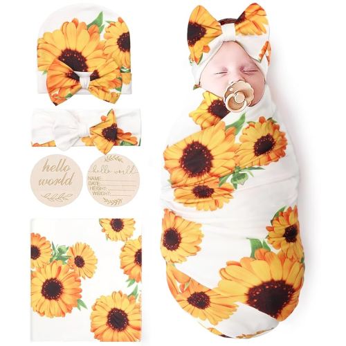 DRESHOW BQUBO Baby Girl Newborn Floral Receiving Blankets with Bow Hat Headband Wooden Birth Announcement Card Set Newborn Baby Swaddling Hats Sleepsack Toddler Warm Shower Gift