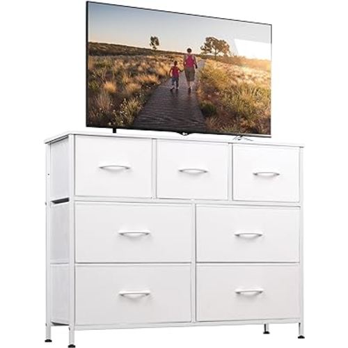 WLIVE Dresser with 7 Drawers, Dressers for Bedroom, Fabric Storage Tower, Hallway, Entryway, Closets, Sturdy Steel Frame, Wood Top, Easy Pull Handle, White
