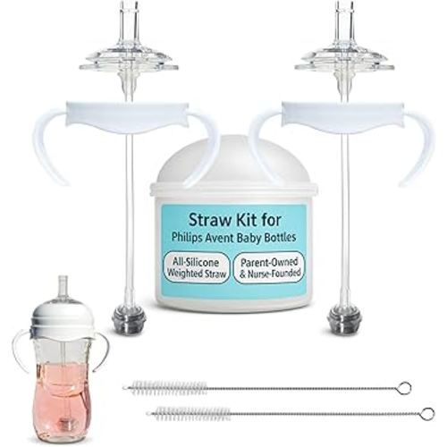 Straw Cup Conversion Kit for Philips Avent Natural Baby Bottles 2-Count, Food Grade Silicone Straw Nipples and Weighted Straw, Bottle Handles, Cleaning Brush, BPA-Free, Sippy Transition, 6+ Months