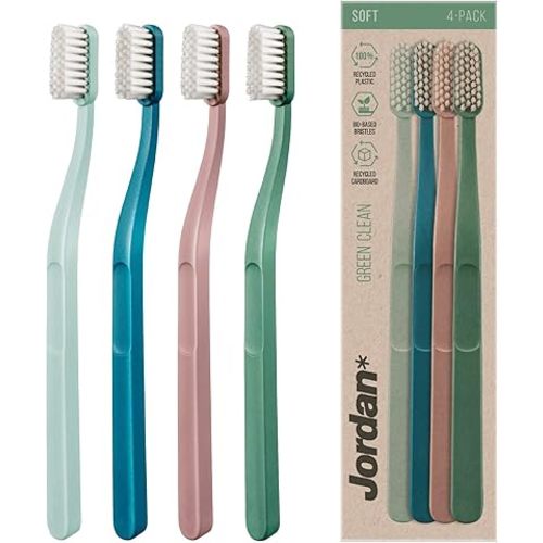 Jordan Green Clean Manual Toothbrush - Sustainable, Eco-Friendly Scandinavian Design, Soft Bristles, Mixed Colors, 4 Units