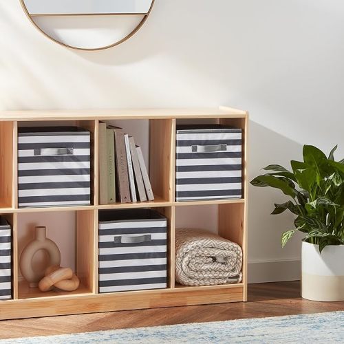 Amazon Basics Cube Organizer Storage Bins Handles, Collapsible Fabric, Pack of 6, 10.5"x10.5"x11", White/ Light Grey Stripe