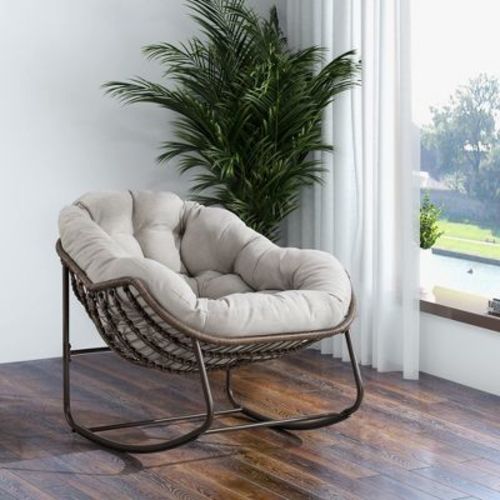 Modern Papasan Rocking Chair, Outdoor Rocker Recliner Chair with Metal Frame and Soft Tufted Cushion for Garden, Living Room – ModernLuxe