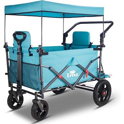 TMZ Collapsible Foldable Wagon Cart with Quick-Release Wheels and 2 Seats, Heavy Duty Wagon 265LBS Load Capacity for Camping Garden Shopping (Turquoise)