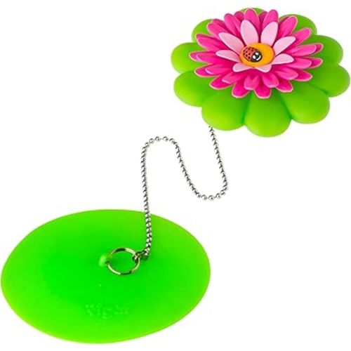 Vigar Flower Power Bathtub Drain Stopper, Tub Stopper with Chain and Daisy-shaped Floaty, 4-1/10 Inches, Perfect Bathroom Accessories, Pink, Green
