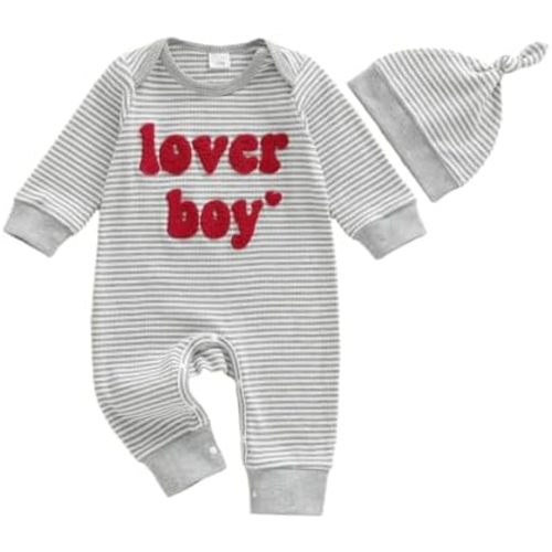 Lesimsam Newborn Infant Baby Boy Valentines Outfit Letter Embroidery Long Sleeve Waffle Knit Romper Jumpsuit with Hat