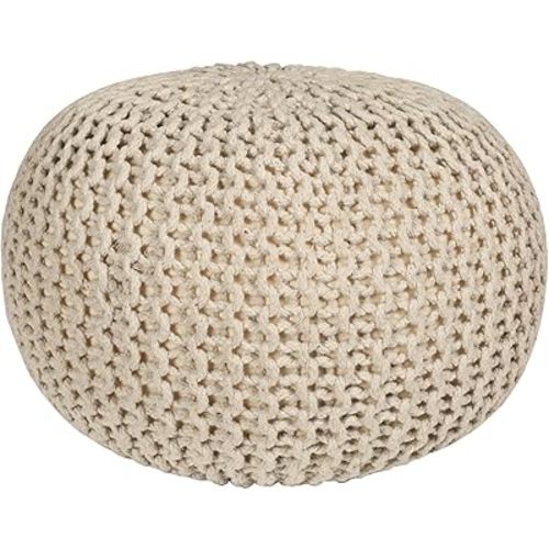 Round Ottoman Pouf Footrest, Large Pouf Ottoman for Living Room, Boho Knit Cotton Poofy Ottoman, Pouf Ottoman Foot Rest Ideal for Bedroom Sitting, Farmhouse Couch Poufs for Living Room