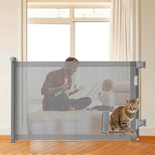 Retractable Baby Gate with Cat Door, Pet Gate with Door - Extends to 71" Wide, 33" Tall Dog Gate for Stairs, Mesh Baby Gate with Door for Cats/Small Dogs, Easy Install for Doorways, Indoor &Outdoor