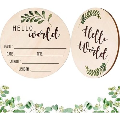 Baby Announcement Sign for Newborn - Beautiful Double-Sided Hello World Name Sign for Hospital Birth Announcement, The Perfect Round Wooden Welcome Baby Board for New Boy and Girl Gifts