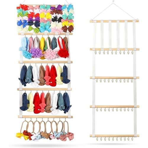 AILIKESE 5 Rows Hair Bow Organizer Bow Holder for Girls Hair Bows Hanging Baby Headband Holder Wooden Bow Organizer Suitable for Wall, Room, Door or Closet (Metal hooks)