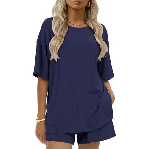 Ekouaer Womens Cotton 2 Pieces Short Sets Summer Short Sleeve Outfits Casual Matching Lounge Set with Pockets