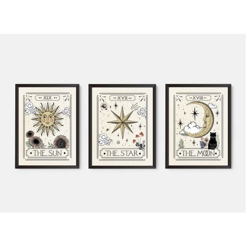Set of 3 The Sun The Moon The star Tarot Card Print, Celestial Wall Prints, The Sun Astrology Posters, Mystical Tarot Card Art