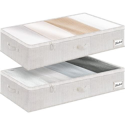 StorageWorks Underbed Storage Box with Clear Window and Sturdy Structure, Foldable Underbed Storage Bins for Clothes, Blankets and Shoes, Gray and White Stripes, Large, 2 Pack