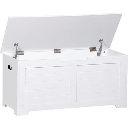 Wooden Storage Chest Box with Flip-top Lid & Safety Hinge, 39.4 Inch Living Room Organizer, Bedroom Bench, White