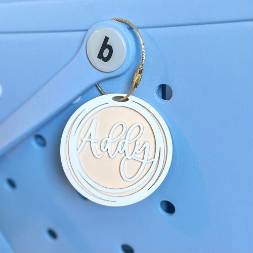 Personalized Initial Bag Charm | Name Beach Tote Tag | Last Name Initial Inside Overlapping Rings | Acrylic Name Keychain | Bogg Bag Tassel