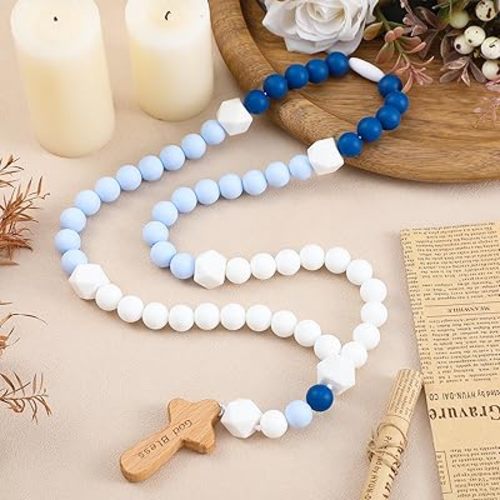 Misdary Baby Rosary Baptism Gift Silicone God Bless Kids Rosary with Cross Baptism Party Supply for Baby Shower Christian Catholic Communion Gifts(Blue,Square)