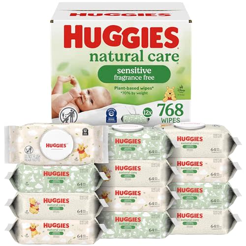 Huggies Natural Care Sensitive Baby Wipes, Unscented, Hypoallergenic, 99% Purified Water, 12 Flip-Top Packs (768 Wipes Total), Packaging May Vary